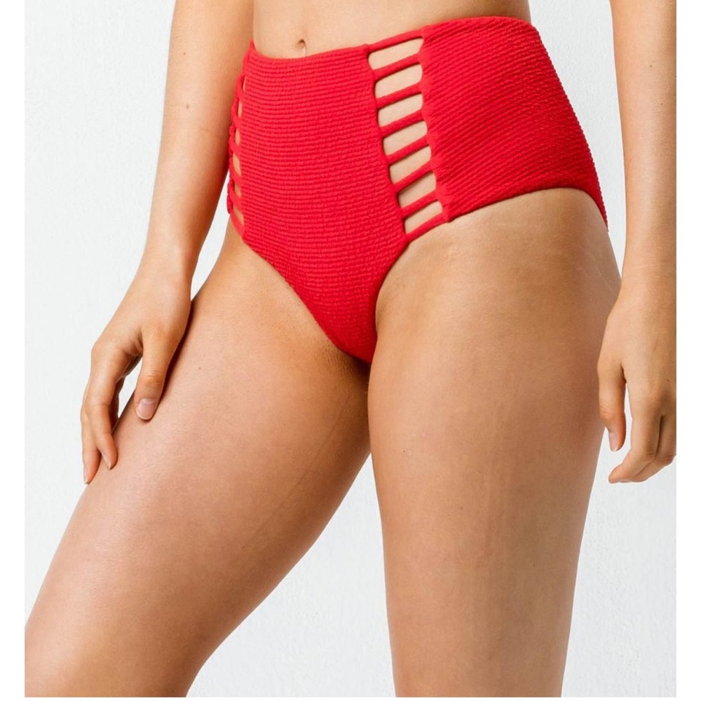 Full Tilt Red High-Waisted Bikini Bottom French Cut Textured